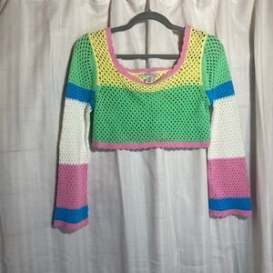 Sincerely Jules Cropped Crochet Knit Sweater Top Pastel Color Block XS Y2K Candy
